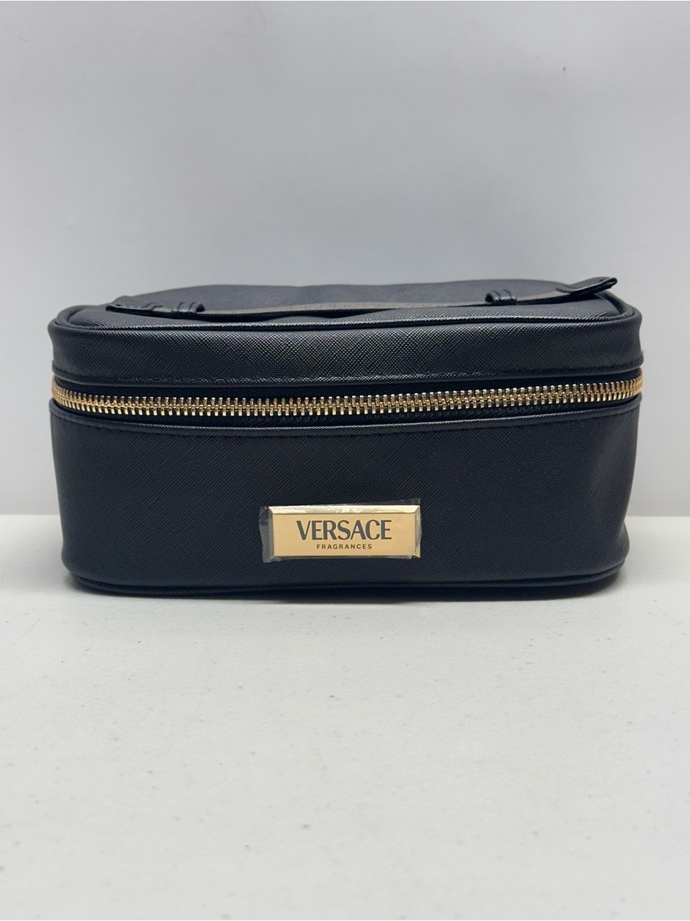 Versace Black Makeup Bag Gold Zipper Handle Pockets Polyester Travel Case